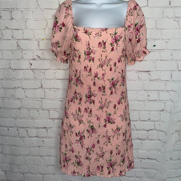 Sz.L*Trixxi*Pink Floral-Print Mini Dress--Puffed Sleeves--Fully-Smocked - Picture 1 of 7